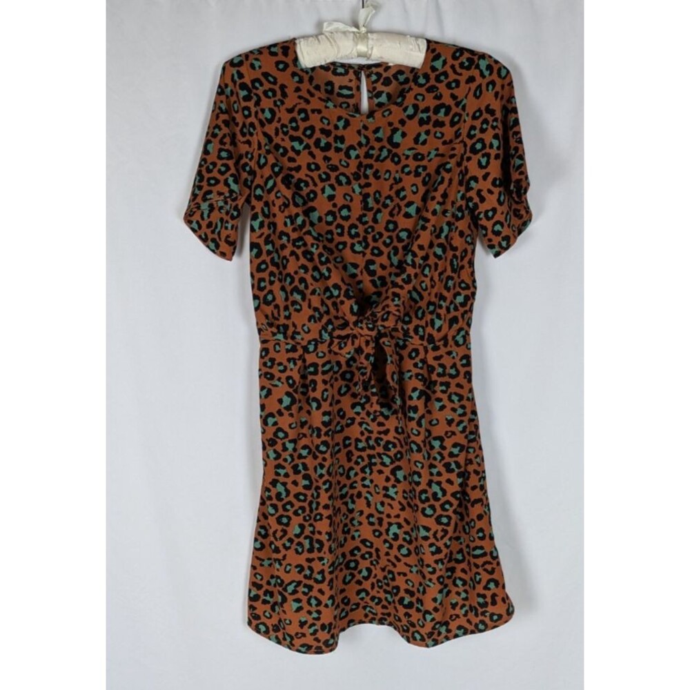 Sandy & Sid Dress S Women's Brown Leopard Print Short Sleeve Tie Front Mini